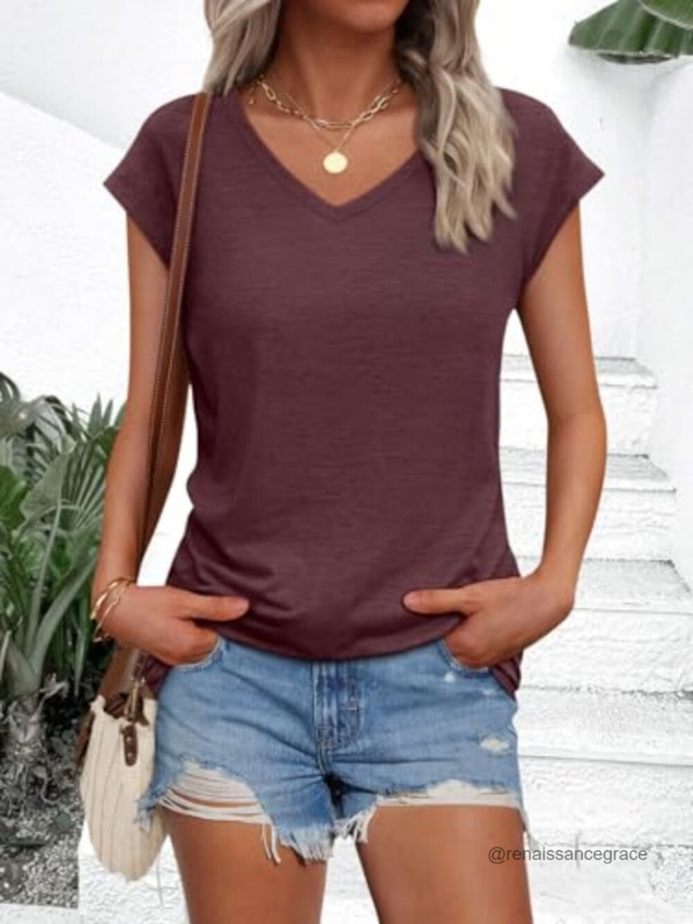 Womens V Neck Cap Sleeve Basic Tee Soft Loose Fit Casual T-Shirt